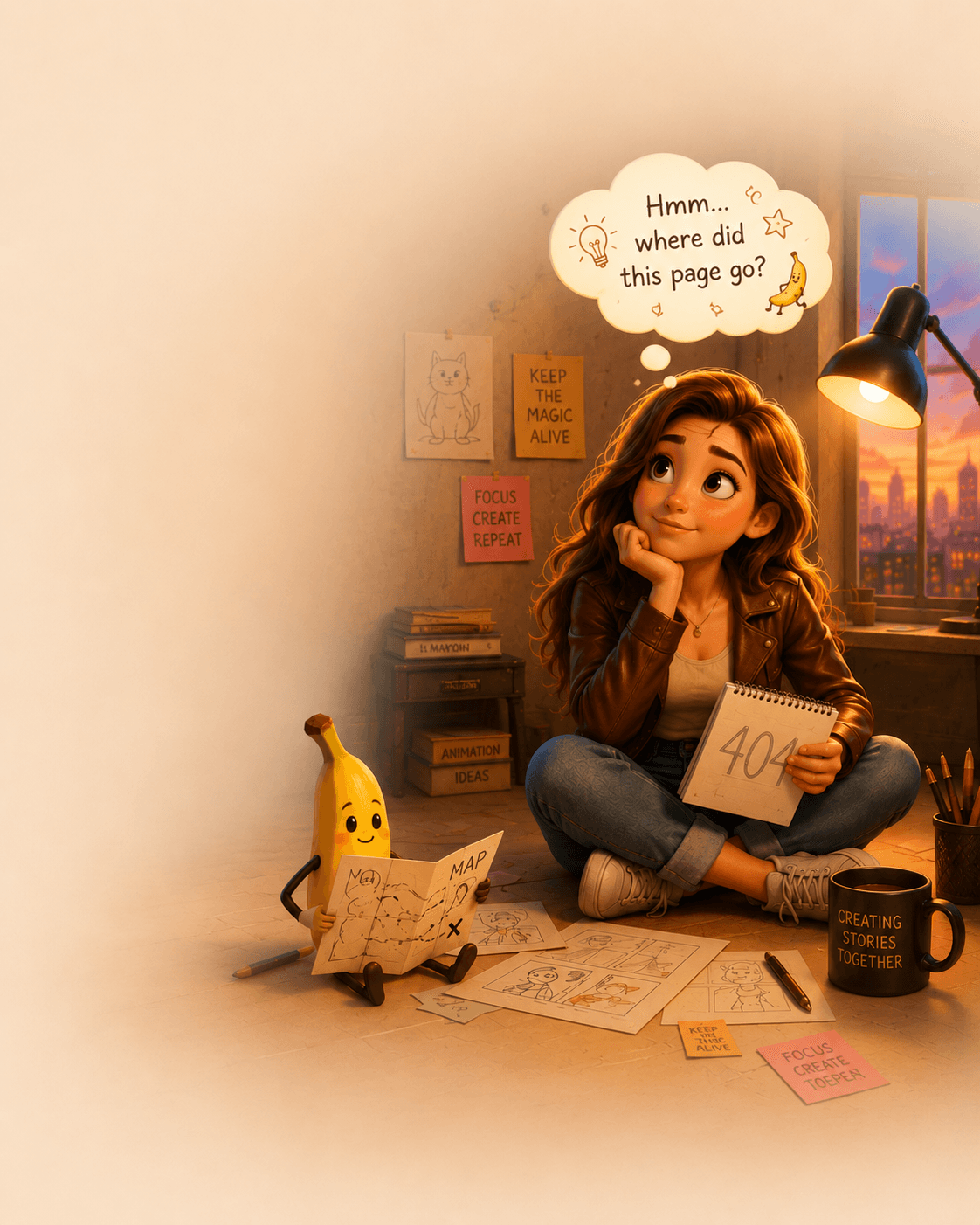 Animator and banana mascot searching for a missing page in a warm studio scene.