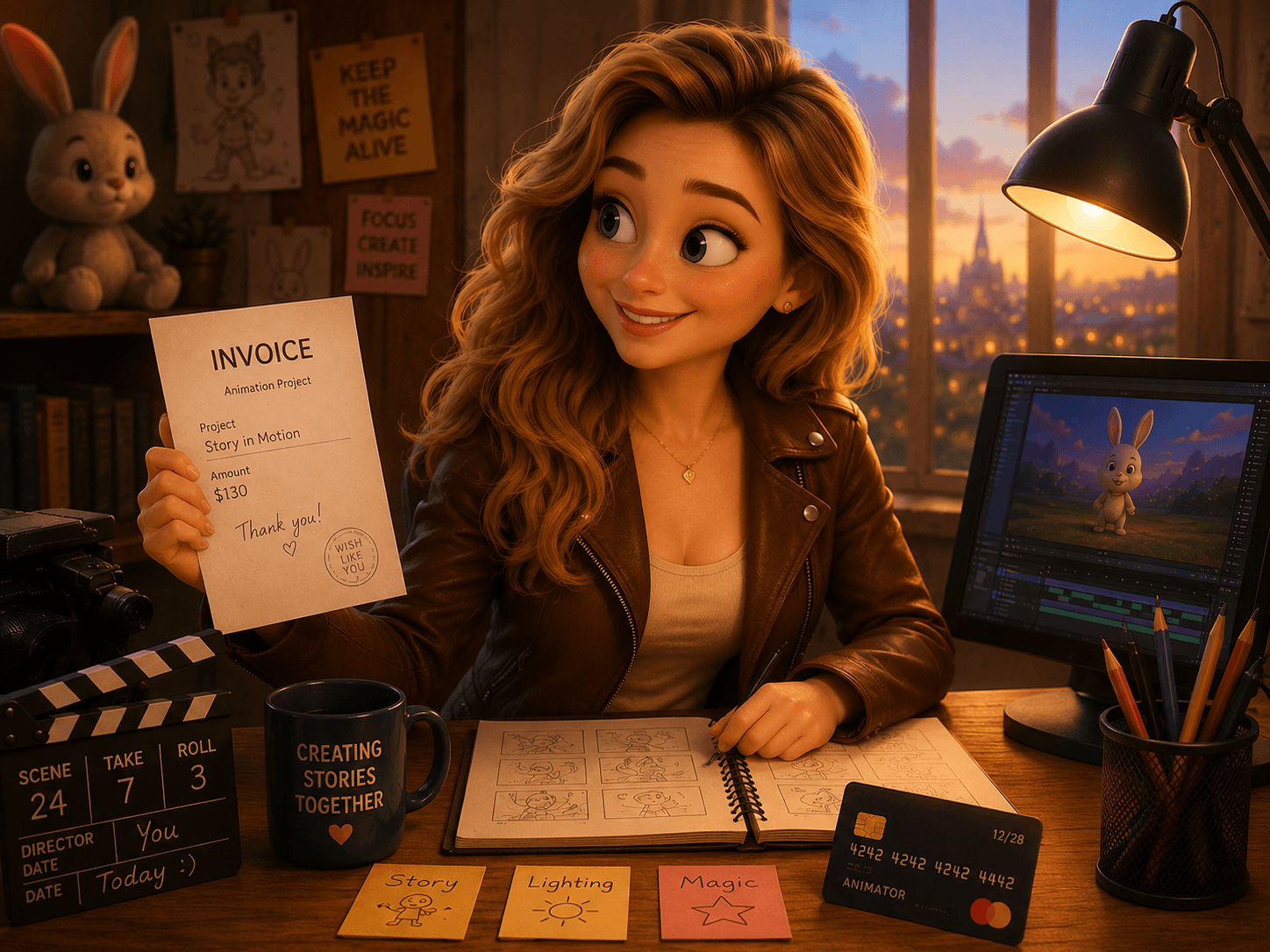 Warm blonde animator in a cozy 3D studio holding an invoice, with storyboards, a monitor, and creative tools around her.