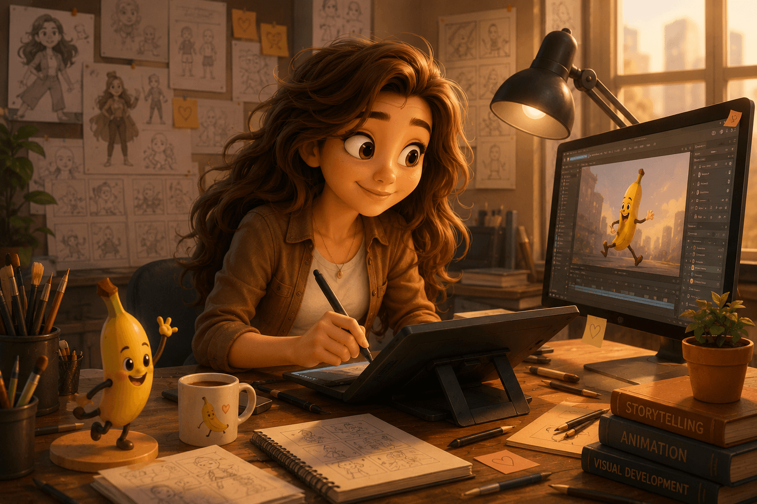 Warm studio scene with an AI animator sketching at her desk, surrounded by storyboards, tools, and a playful banana character.